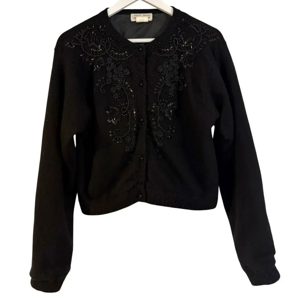 Pierre Lefond Wendy Foster Vintage black wool angora beaded cardigan sweater M - Picture 2 of 12